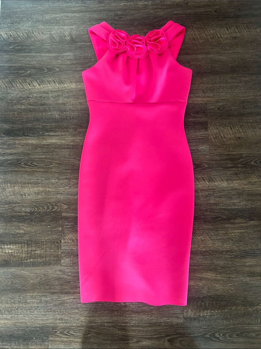Jason Wu Hot Pink Midi Sheath Dress with Rosette Neckline